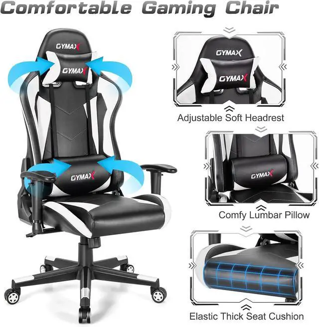 Alt view image 4 of 7 - GYMAX Computer Gaming Chair, Racing Style Office Chair with Adjustable Lumbar Support Headrest, 360° Swivel, Height Adjustable Ergonomic Reclining Gaming Chair for Home Office Leisure Room (White)