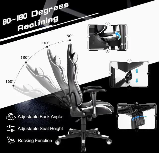 Alt view image 5 of 7 - GYMAX Computer Gaming Chair, Racing Style Office Chair with Adjustable Lumbar Support Headrest, 360° Swivel, Height Adjustable Ergonomic Reclining Gaming Chair for Home Office Leisure Room (White)