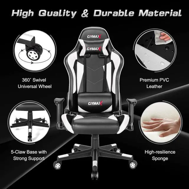Alt view image 6 of 7 - GYMAX Computer Gaming Chair, Racing Style Office Chair with Adjustable Lumbar Support Headrest, 360° Swivel, Height Adjustable Ergonomic Reclining Gaming Chair for Home Office Leisure Room (White)