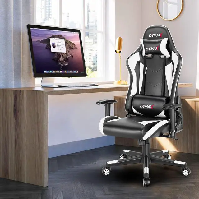 Alt view image 2 of 7 - GYMAX Computer Gaming Chair, Racing Style Office Chair with Adjustable Lumbar Support Headrest, 360° Swivel, Height Adjustable Ergonomic Reclining Gaming Chair for Home Office Leisure Room (White)