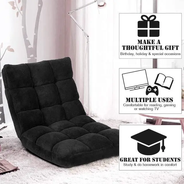 Alt view image 6 of 7 - Giantex Floor Chairs for Adults - Floor Gaming Chair with Back Support, Coral Velvet, 14 Adjustable Position, Thick Sponge Padding, Floor Seating Lounge for Reading, Watching TV, Meditation (Black)