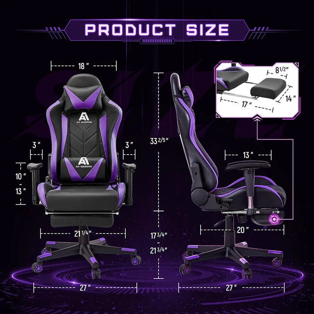 Alt view image 3 of 7 - AA Products Gaming Chair - High Back Ergonomic Computer Racing Chair with Footrest, Lumbar Support and Swivel - Black/Purple