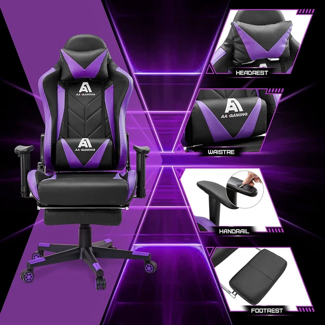 Alt view image 2 of 7 - AA Products Gaming Chair - High Back Ergonomic Computer Racing Chair with Footrest, Lumbar Support and Swivel - Black/Purple