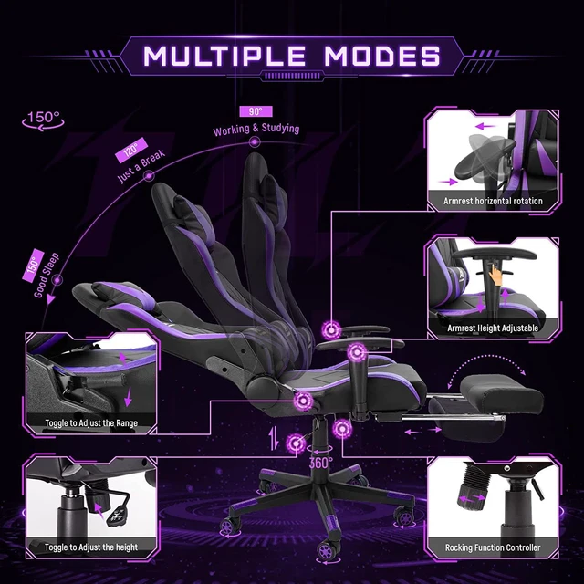 Alt view image 4 of 7 - AA Products Gaming Chair - High Back Ergonomic Computer Racing Chair with Footrest, Lumbar Support and Swivel - Black/Purple