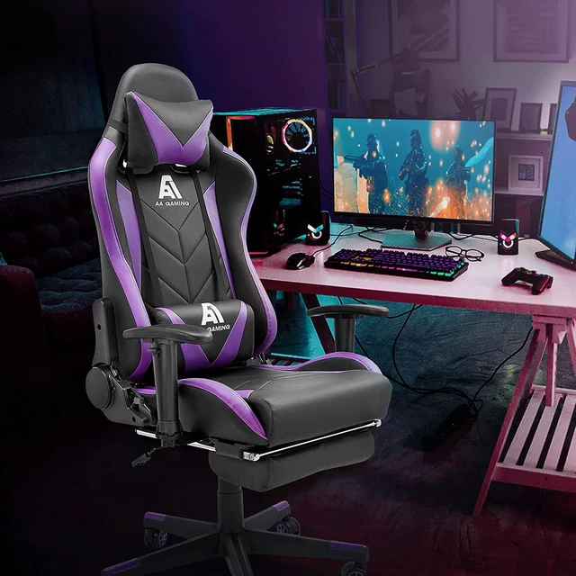 Alt view image 6 of 7 - AA Products Gaming Chair - High Back Ergonomic Computer Racing Chair with Footrest, Lumbar Support and Swivel - Black/Purple