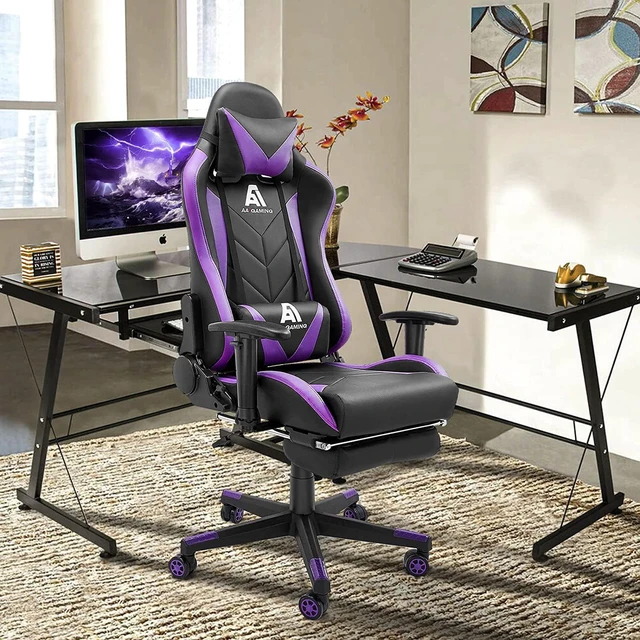 Alt view image 7 of 7 - AA Products Gaming Chair - High Back Ergonomic Computer Racing Chair with Footrest, Lumbar Support and Swivel - Black/Purple