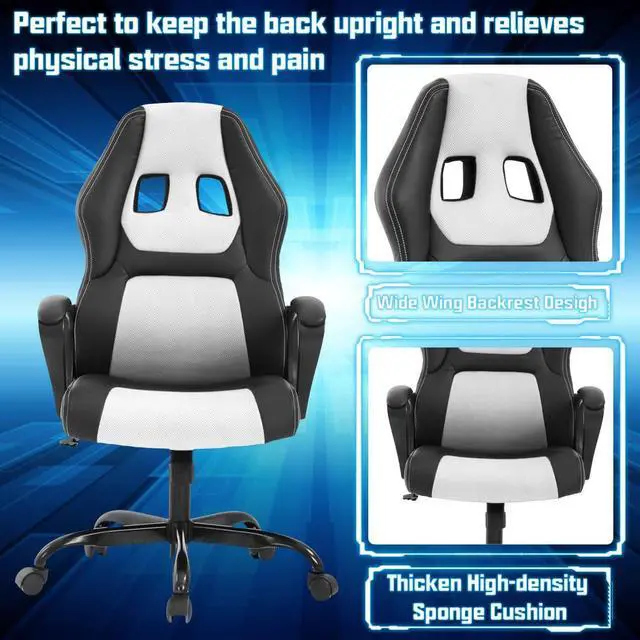 Alt view image 4 of 7 - Gaming Chair PC Office Chair Ergonomic Gamer Chair PU Leather Executive Computer Chair with Lumbar Support High Back Adjustable Rolling Swivel Desk Chair for Adult Teen, White