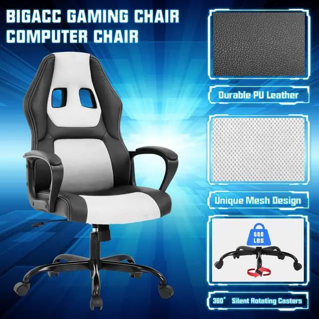 Alt view image 3 of 7 - Gaming Chair PC Office Chair Ergonomic Gamer Chair PU Leather Executive Computer Chair with Lumbar Support High Back Adjustable Rolling Swivel Desk Chair for Adult Teen, White