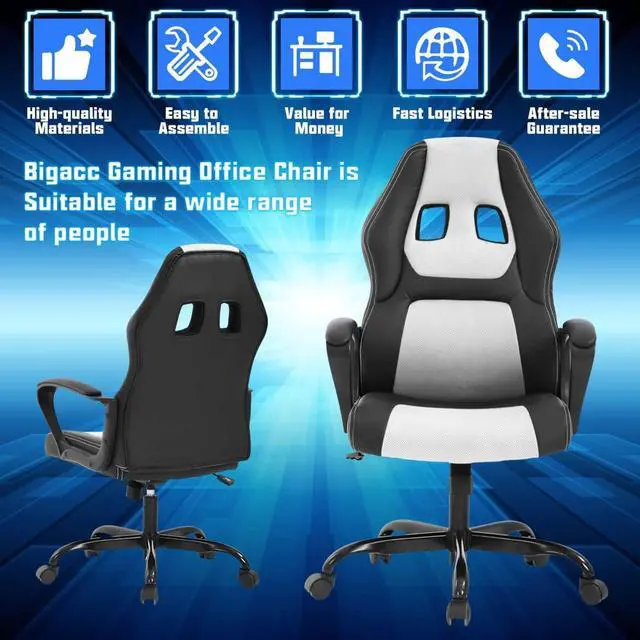 Alt view image 5 of 7 - Gaming Chair PC Office Chair Ergonomic Gamer Chair PU Leather Executive Computer Chair with Lumbar Support High Back Adjustable Rolling Swivel Desk Chair for Adult Teen, White