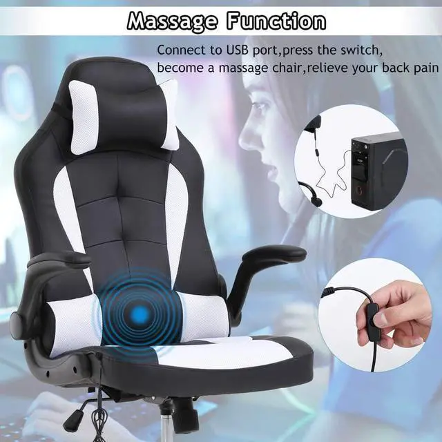 Alt view image 4 of 7 - Massage Gaming Chair Ergonomic Office Chair High Back Desk Chair PU Leather Executive Chair with Lumbar Support Headrest Armrest PC Racing Computer Chair Task Rolling Swivel Chair, White