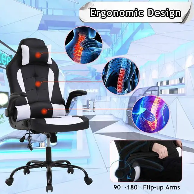 Alt view image 5 of 7 - Massage Gaming Chair Ergonomic Office Chair High Back Desk Chair PU Leather Executive Chair with Lumbar Support Headrest Armrest PC Racing Computer Chair Task Rolling Swivel Chair, White