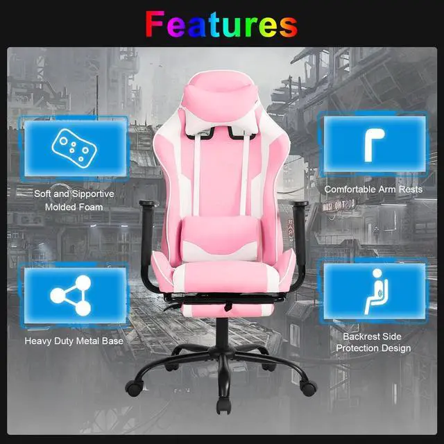 Alt view image 7 of 7 - Gaming Chair Computer Chair Ergonomic Gaming Chair with Footrest Reclining High Back Video Game Chair with Lumbar Support Headrest Armrest Swivel Seat for Women, Men (Pink)