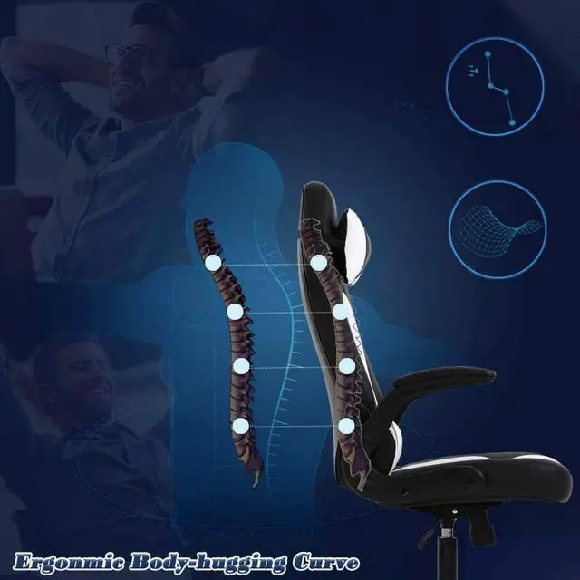 Alt view image 4 of 7 - PC Gaming Chair Computer Chair Racing Gamer Chair Adjustable Office Chair Modern Desk Chair Ergonomic Chair with Lumbar Support Flip Up Armrest Rolling Swivel Task Chair for Adults Women Men (White)