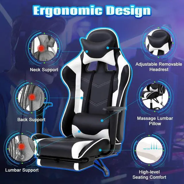 Alt view image 4 of 7 - PC Gaming Chair High Back Executive Office Chair Pu Leather Computer Chair Racing Lumbar Support Slide-Out Footrest Adjustable Swivel Video Game Chair,White