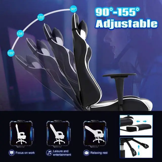 Alt view image 5 of 7 - PC Gaming Chair High Back Executive Office Chair Pu Leather Computer Chair Racing Lumbar Support Slide-Out Footrest Adjustable Swivel Video Game Chair,White