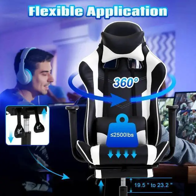 Alt view image 6 of 7 - PC Gaming Chair High Back Executive Office Chair Pu Leather Computer Chair Racing Lumbar Support Slide-Out Footrest Adjustable Swivel Video Game Chair,White