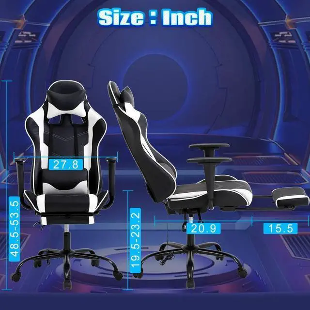 Alt view image 3 of 7 - PC Gaming Chair High Back Executive Office Chair Pu Leather Computer Chair Racing Lumbar Support Slide-Out Footrest Adjustable Swivel Video Game Chair,White