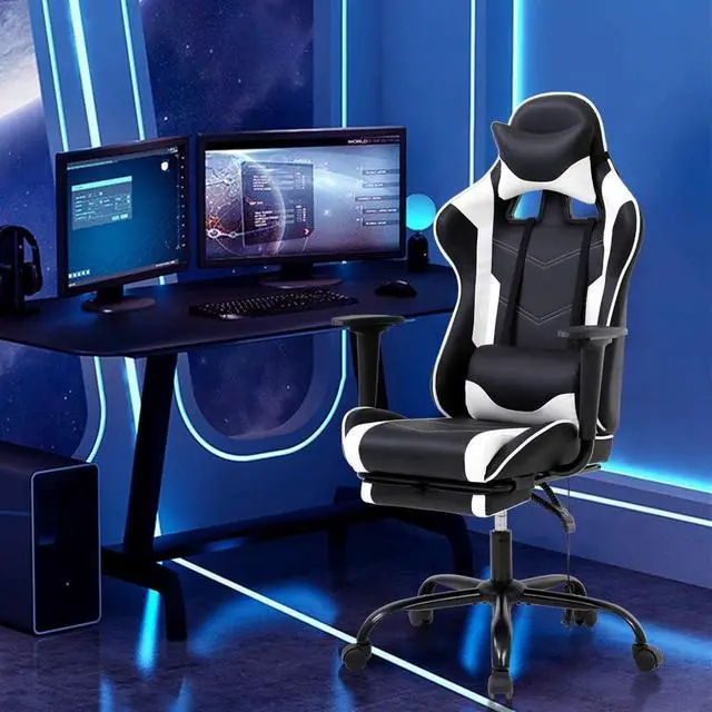 Alt view image 2 of 7 - PC Gaming Chair High Back Executive Office Chair Pu Leather Computer Chair Racing Lumbar Support Slide-Out Footrest Adjustable Swivel Video Game Chair,White