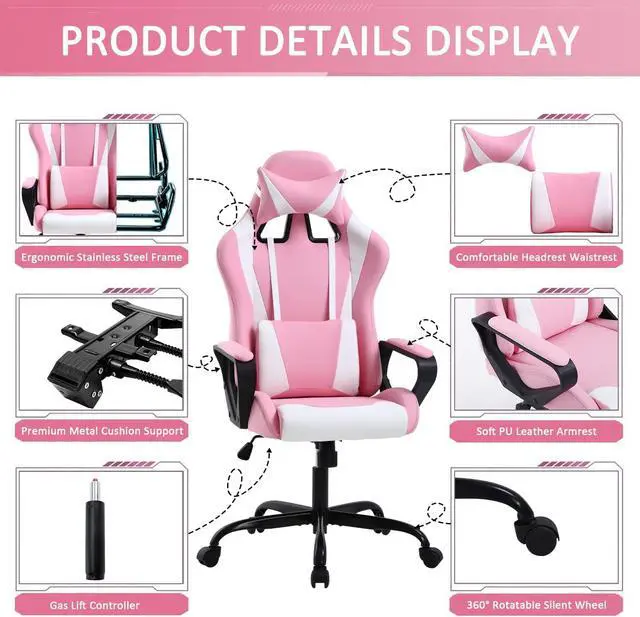 Alt view image 4 of 7 - Gaming Chair High Back Ergonomic Leather Office Chair Adjustable Swivel Desk Chair Reclining Racing PC Computer Chair with Lumbar Support and Headrest for Back Pain Adults TeensPink