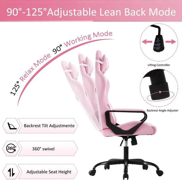 Alt view image 5 of 7 - Gaming Chair High Back Ergonomic Leather Office Chair Adjustable Swivel Desk Chair Reclining Racing PC Computer Chair with Lumbar Support and Headrest for Back Pain Adults TeensPink