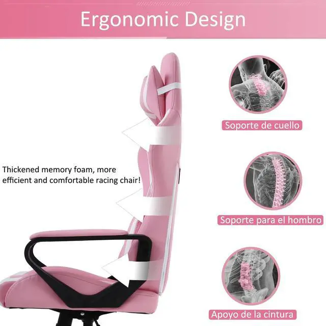 Alt view image 6 of 7 - Gaming Chair High Back Ergonomic Leather Office Chair Adjustable Swivel Desk Chair Reclining Racing PC Computer Chair with Lumbar Support and Headrest for Back Pain Adults TeensPink