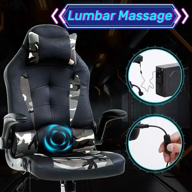 Alt view image 2 of 6 - Gaming Chair Ergonomic Home Office Video Game Chairs Massage PU Leather Computer Chair Adjustable Swivel Chairs with Lumbar Support Headrest, Camo