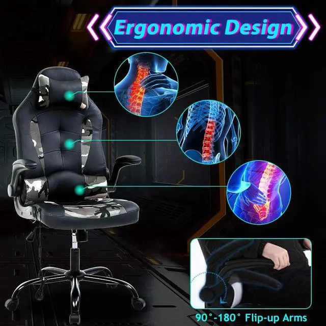 Alt view image 3 of 6 - Gaming Chair Ergonomic Home Office Video Game Chairs Massage PU Leather Computer Chair Adjustable Swivel Chairs with Lumbar Support Headrest, Camo