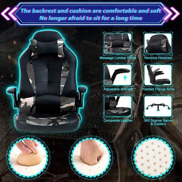 Alt view image 6 of 6 - Gaming Chair Ergonomic Home Office Video Game Chairs Massage PU Leather Computer Chair Adjustable Swivel Chairs with Lumbar Support Headrest, Camo
