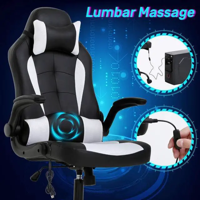 Alt view image 3 of 7 - Gaming chair Office Chair Desk Chair Massage Ergonomic High Back Computer Chair with Lumbar Support Flip-up Arms Headrest PU Leather Height Adjustable Swivel Executive Chair for Women Men Adult