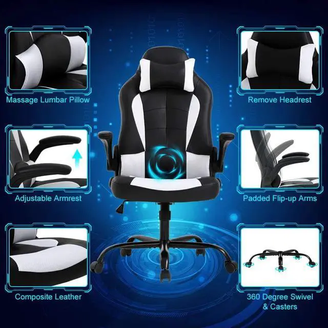 Alt view image 5 of 7 - Gaming chair Office Chair Desk Chair Massage Ergonomic High Back Computer Chair with Lumbar Support Flip-up Arms Headrest PU Leather Height Adjustable Swivel Executive Chair for Women Men Adult