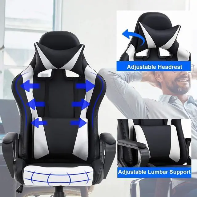 Alt view image 4 of 6 - Pc Gaming Chair High Back Ergonomic Office Chair with Lumbar Support Arms Headrest Massage PU Leather Racing Computer Chair Adjustable Swivel Game Chair for Adult Kid, White