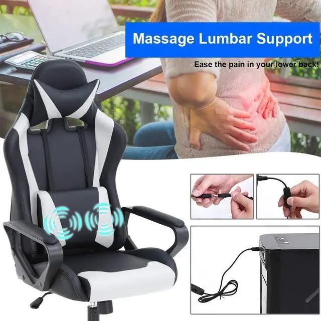 Alt view image 3 of 6 - Pc Gaming Chair High Back Ergonomic Office Chair with Lumbar Support Arms Headrest Massage PU Leather Racing Computer Chair Adjustable Swivel Game Chair for Adult Kid, White