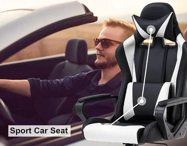 Alt view image 6 of 6 - Pc Gaming Chair High Back Ergonomic Office Chair with Lumbar Support Arms Headrest Massage PU Leather Racing Computer Chair Adjustable Swivel Game Chair for Adult Kid, White