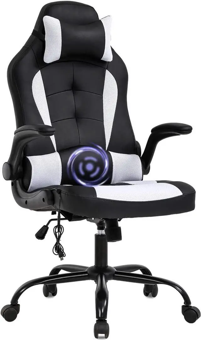 Main image of PC Gaming Chair Massage Office Chair Ergonomic Desk Chair Racing Executive PU Leather Computer Chair with Lumbar Support Headrest Armrest Task Rolling Swivel Chair for Women Adults, White