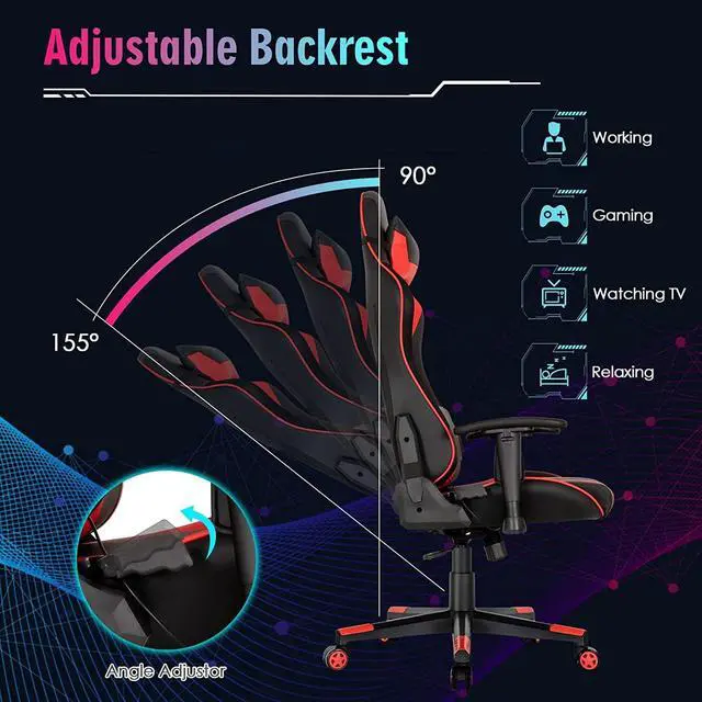 Alt view image 4 of 7 - Giantex Gaming Chair with RGB LED Lights, Ergonomic Video Game Chair, High Back PVC Leather E-Sport Computer Chair Adjustable w/Headrest & Lumbar Support (Red)