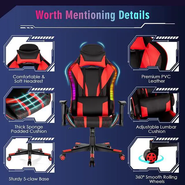 Alt view image 5 of 7 - Giantex Gaming Chair with RGB LED Lights, Ergonomic Video Game Chair, High Back PVC Leather E-Sport Computer Chair Adjustable w/Headrest & Lumbar Support (Red)