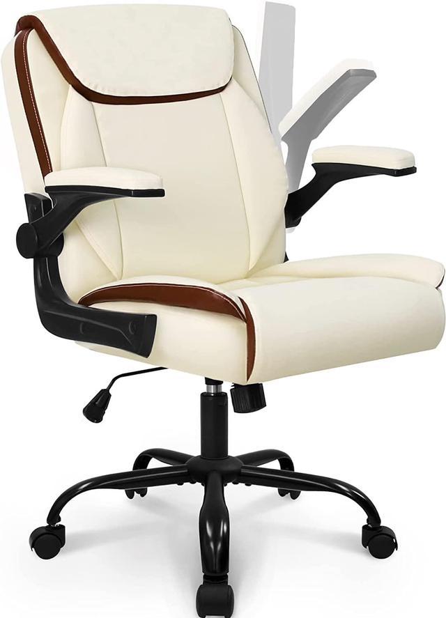 NEO CHAIR Office Chair Adjustable Desk Chair Mid Back Executive Desk  Comfortable PU Leather Chair Ergonomic Gaming Chair Back Support Home  Computer Desk with Flip-up Armrest Swivel Wheels (Ivory) 