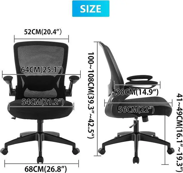 Alt view image 5 of 7 - Ergonomic Office Chair, Breathable Mesh Desk Chair, Lumbar Support Computer Chair with Wheels and Flip-up Arms, Swivel Task Chair, Adjustable Height Home Gaming Chair (Black)