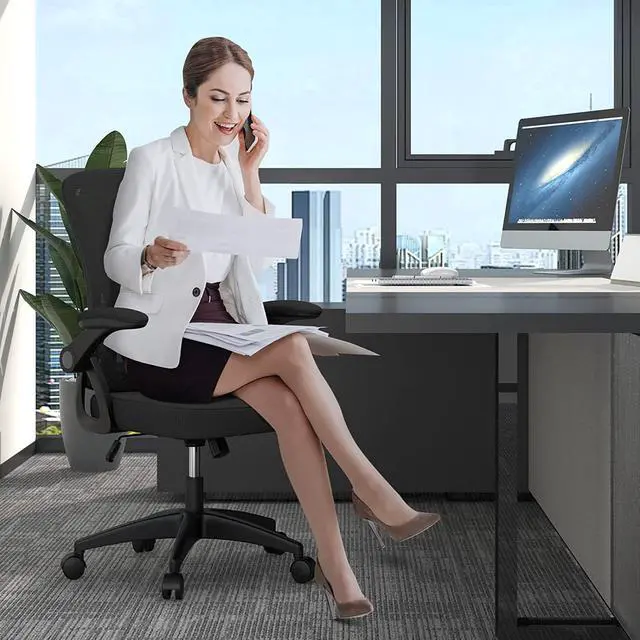 Alt view image 2 of 7 - Ergonomic Office Chair, Mid Back Desk Chair with Adjustable Height, Swivel Chair with Flip-Up Arms and Lumbar Support, Breathable Mesh Computer Chair for Home/Study/Working, Dark Black