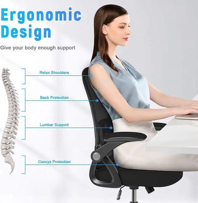 Alt view image 5 of 7 - Ergonomic Office Chair, Mid Back Desk Chair with Adjustable Height, Swivel Chair with Flip-Up Arms and Lumbar Support, Breathable Mesh Computer Chair for Home/Study/Working, Dark Black