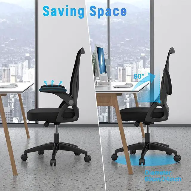 Alt view image 7 of 7 - Ergonomic Office Chair, Mid Back Desk Chair with Adjustable Height, Swivel Chair with Flip-Up Arms and Lumbar Support, Breathable Mesh Computer Chair for Home/Study/Working, Dark Black