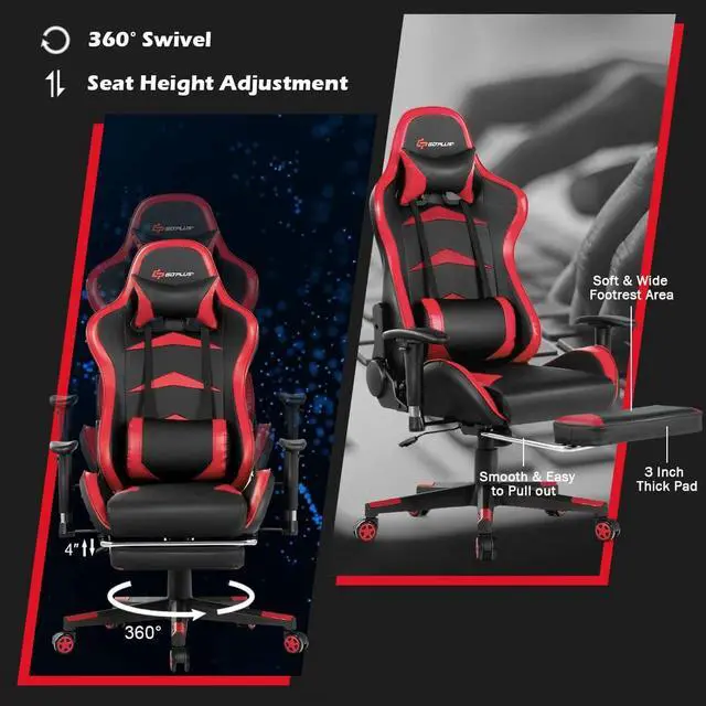 Alt view image 6 of 7 - Goplus Massage Gaming Chair, Reclining Backrest, Handrails and Seat Height Adjustment Racing Computer Office Chair, High Back Ergonomic PU Leather Swivel PC Game Chair with Footrest (Red)