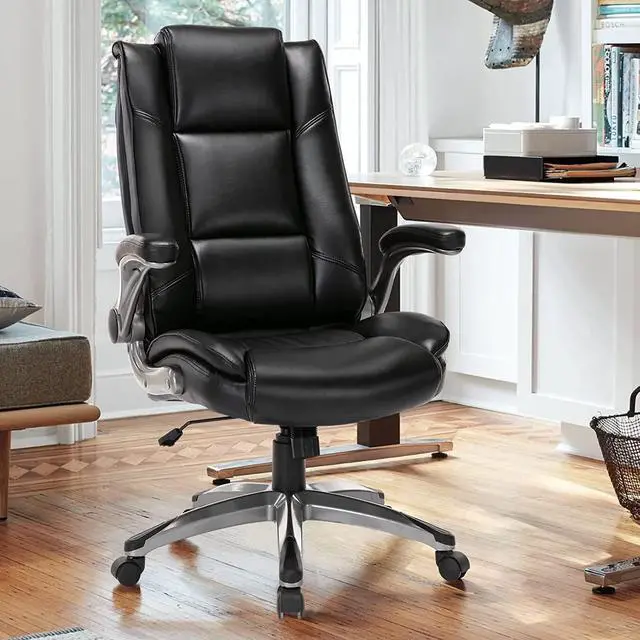 Alt view image 2 of 7 - COLAMY Leather Executive Office Chair- High Back Home Computer Desk Chair with Padded Flip-up Arms, Adjustable Tilt Lock, Swivel Rolling Ergonomic Chair for Adult Working Study