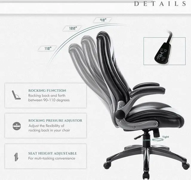 Alt view image 5 of 7 - COLAMY Leather Executive Office Chair- High Back Home Computer Desk Chair with Padded Flip-up Arms, Adjustable Tilt Lock, Swivel Rolling Ergonomic Chair for Adult Working Study