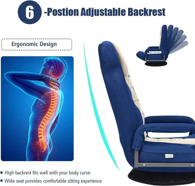 Alt view image 6 of 7 - Giantex Floor Chair, 360 Degree Swivel Chair with Adjustable Backrest, Lumbar Support, Armrest, Foldable Lazy Sofa Chair Rocker for TV, Reading, Playing Video Games, Gaming Chair Floor, Blue/Beige