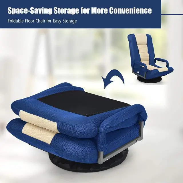 Alt view image 5 of 7 - Giantex Floor Chair, 360 Degree Swivel Chair with Adjustable Backrest, Lumbar Support, Armrest, Foldable Lazy Sofa Chair Rocker for TV, Reading, Playing Video Games, Gaming Chair Floor, Blue/Beige