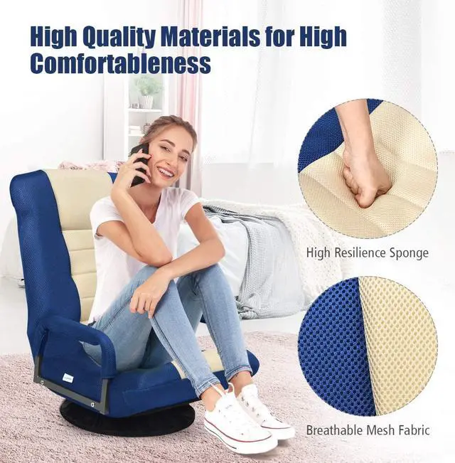 Alt view image 4 of 7 - Giantex Floor Chair, 360 Degree Swivel Chair with Adjustable Backrest, Lumbar Support, Armrest, Foldable Lazy Sofa Chair Rocker for TV, Reading, Playing Video Games, Gaming Chair Floor, Blue/Beige
