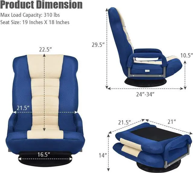 Alt view image 3 of 7 - Giantex Floor Chair, 360 Degree Swivel Chair with Adjustable Backrest, Lumbar Support, Armrest, Foldable Lazy Sofa Chair Rocker for TV, Reading, Playing Video Games, Gaming Chair Floor, Blue/Beige