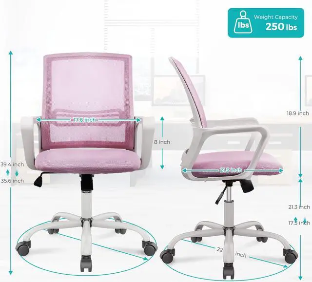 Alt view image 3 of 7 - STAFFPENGUIN Ergonomic Pink Computer, Home Wheels Desk, Mid Back Mesh Office Rolling Swivel Chair with Lumbar Support Armrests