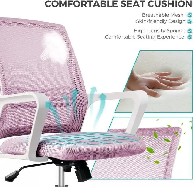 Alt view image 4 of 7 - STAFFPENGUIN Ergonomic Pink Computer, Home Wheels Desk, Mid Back Mesh Office Rolling Swivel Chair with Lumbar Support Armrests